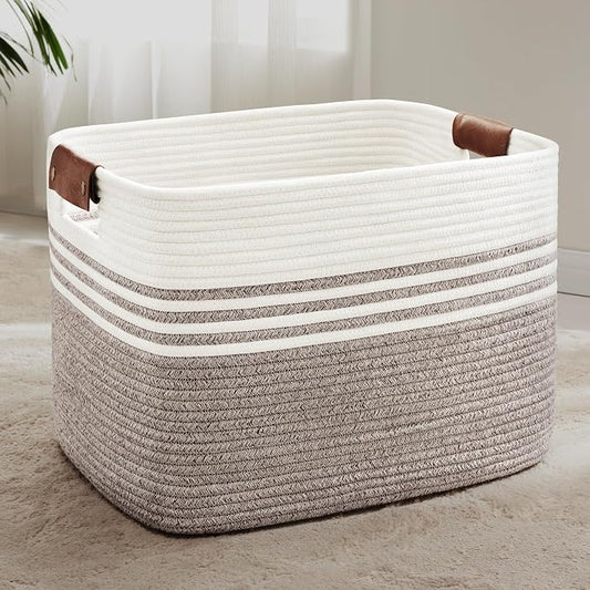 100L Extra Large Laundry Basket with Leather Handles for Living Room Storage,Woven Rope Baskets for Blanket,Kids Toy,Gifts,Wicker Hamper for Bedroom Dirty Clothes,24"x16"x14" Dark Brown