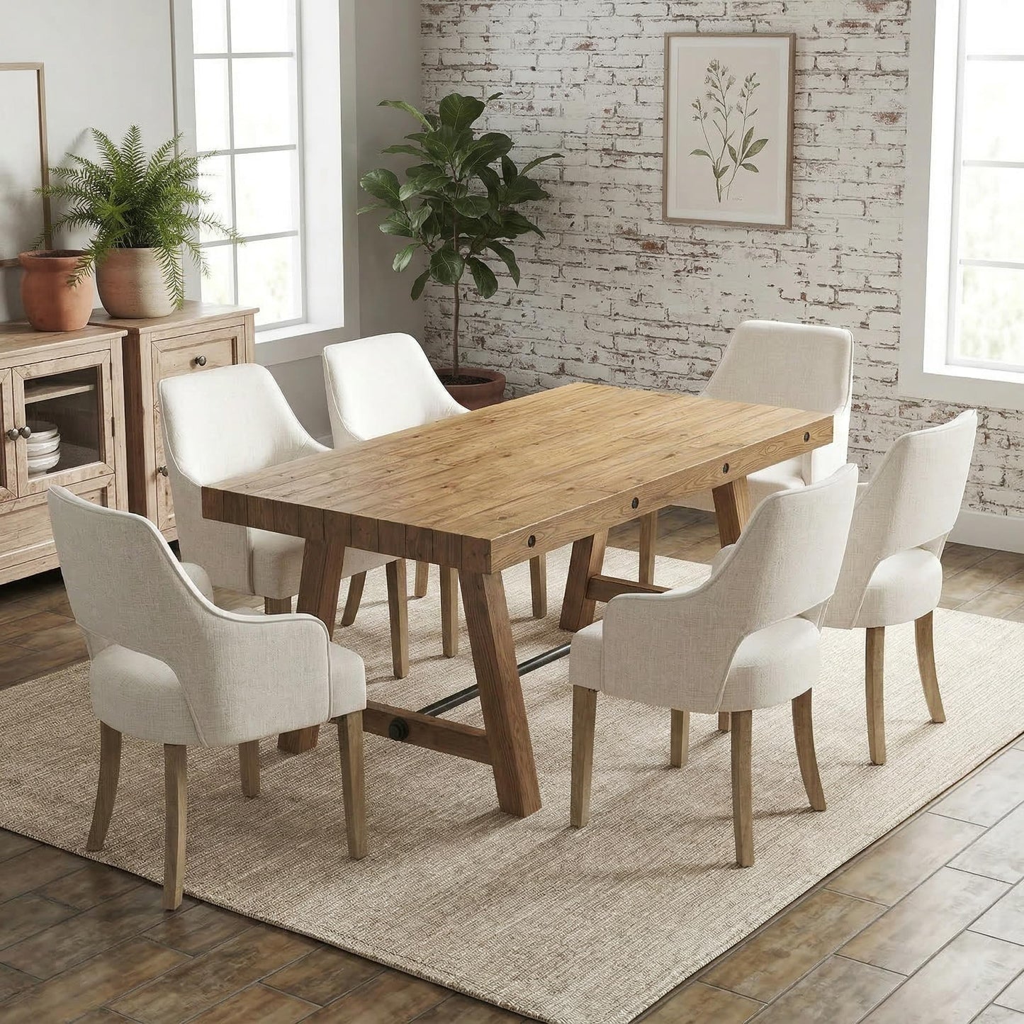 DM Furniture 7-Piece Farmhouse Wooden Dining Room Table Set for 6, 59" Reclaimed Wood Dining Table with Upholstered Chairs, Solid Wood Kitchen Table & Chair Set for Dining/Kitchen Room, Brown