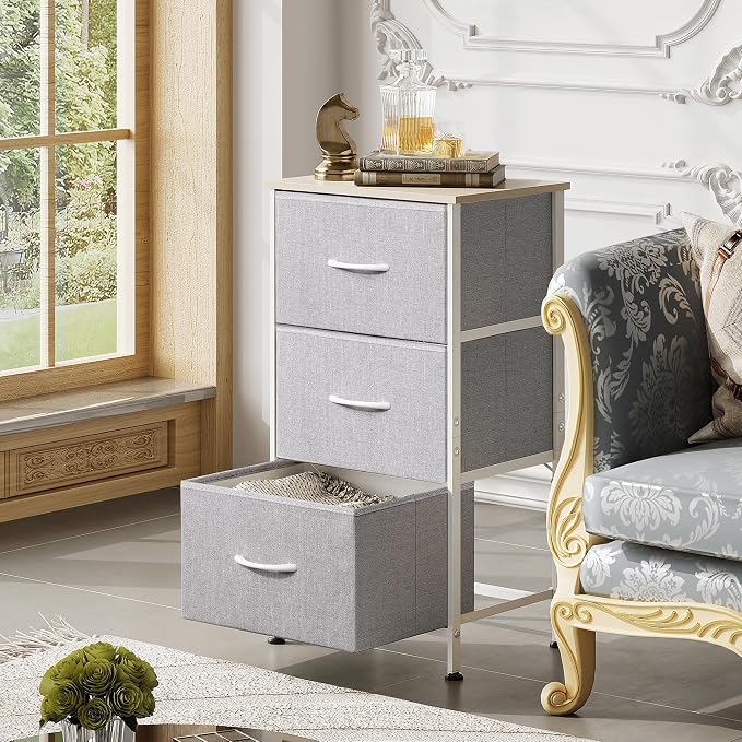 WLIVE Nightstand with 3 Drawers, Fabric Dresser, Organizer Unit, Storage Dresser for Bedroom, Hallway, Entryway, Closets, Sturdy Steel Frame, Wood Top, Easy Pull Handle, Light Grey