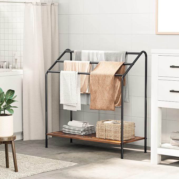 HOOBRO Freestanding Towel-Rack for Bathroom, 3 Tier Blanket Rack for Living Room, 31.5" L x 14.2" W x 33.9" H, Quilt Blanket Ladder Holder, Drying and Display Rack, Rustic Brown and Black BF80LB01