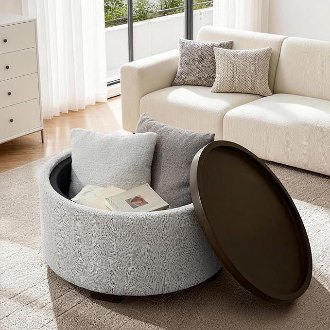Zihanhome 30 Inch Round Storage Ottoman, Ottoman Coffee Table with Lift Off Lid, Boucle Modern Ottomans with Storage for Living Room, Bedroom, Apartments (White and Gray Striped)