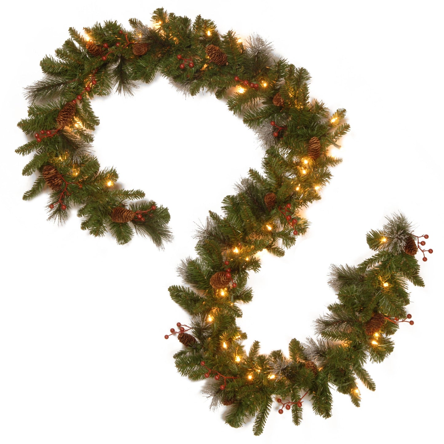 National Tree Company 9 ft Pre-Lit Crestwood Spruce Artificial Christmas Garland, Christmas Decoration with Glitter, Pinecones, Red Berries, 50 Warm White LED Lights, 180 Tips, Timer, Green
