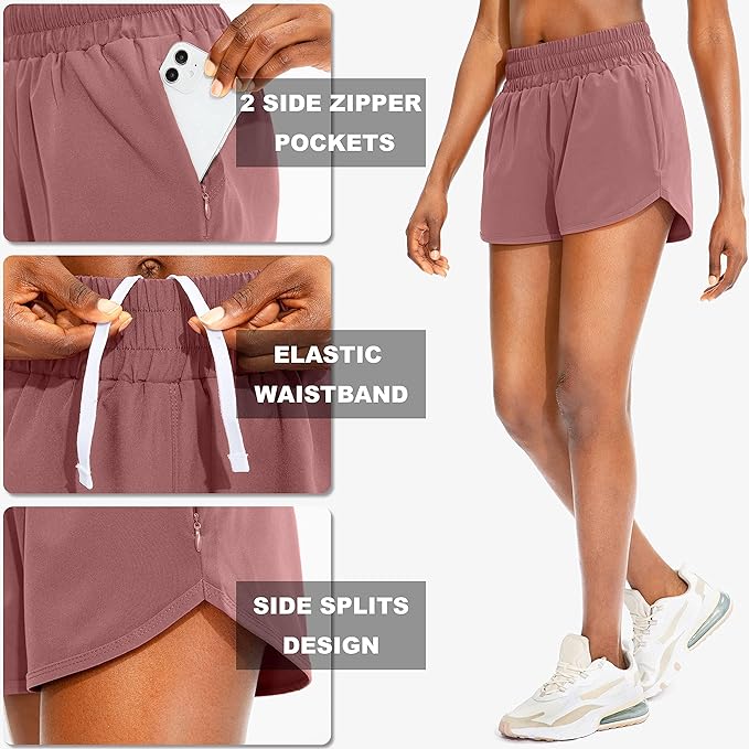 SANTINY Women's Running Shorts with Zip Pockets High Waisted Athletic Workout Gym Shorts for Women with Liner