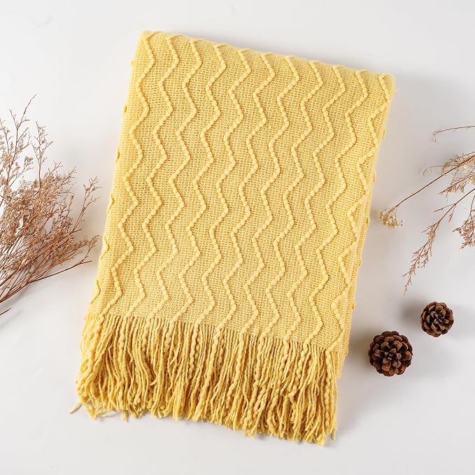 BATTILO HOME Yellow Throw Blanket for Couch, Textured Soft Gold Throw Blankets, Decorative Knitted Mustard Blanket for Sofa Bed Living Room, 50"x60"