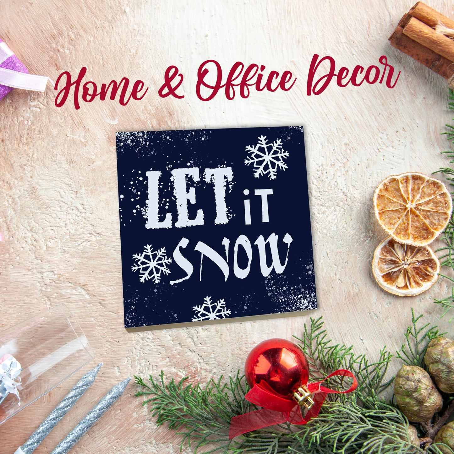 5" Pinewood Block Sign Gift - Let It Snow - Holiday Winter Decor Snowflake Small Gift For Friends & Families, Living Room, Counter, Shelf, Snowflake Home & Office Decoration & Gift(Blue)- B05