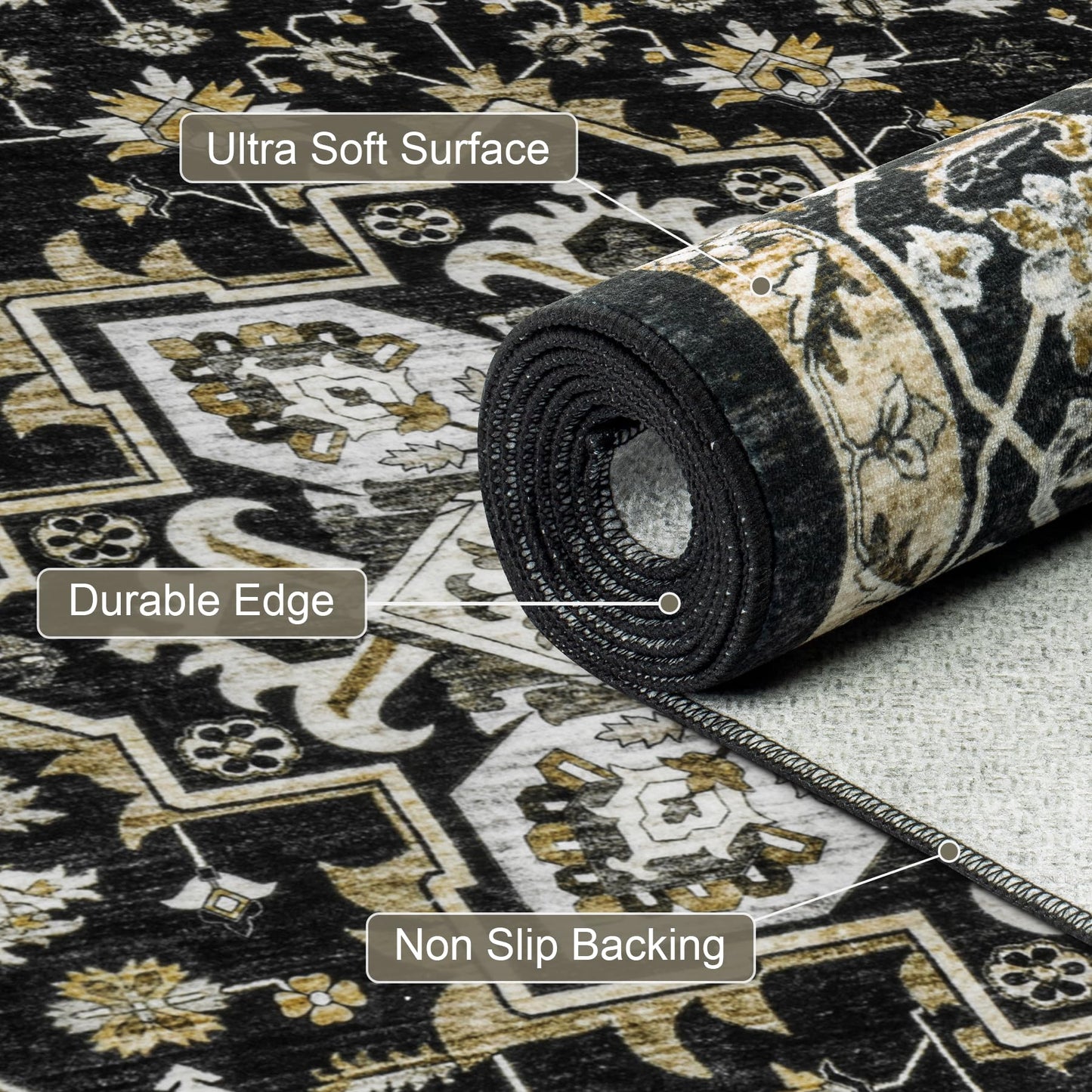 3x5 Area Rugs Living Room Rug: Washable Vintage Boho Medallion Rug No Slip Stain Resistant Soft Carpet Indoor Large Carpets for Bedroom Dining Room Farmhouse Nursery Hallway Home Office Black Gold