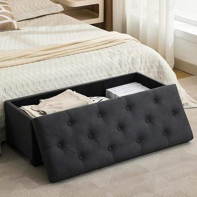 Mangodan 43 Inch Linen Storage Ottoman Bench, Foot Rest with Legs, End of Bed Bench, Storage Chest, Load up to 660 Lb, Ottoman with Storage Bench for Living Room, Bedroom, Entryway (Charcoal)