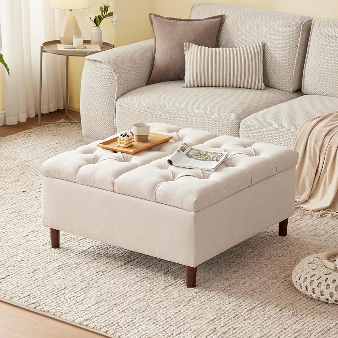 Weture 35 Inch Extra Large Storage Ottoman Coffee Table, No Assembly Required, Oversized Square Ottoman with Storage, Tufted Upholstered Ottomans Coffee Table for Living Room (Fabric, Beige)