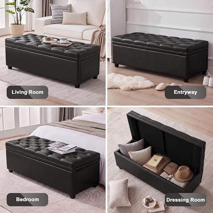 Mangodan 43" Storage Ottoman Bench, Tufted Ottoman with Storage for Living Room, Large End of Bed Ottomans, Modern Entryway Benchs, Window & Bedroom Benches for Foot of Bed (Faux Leather Black)