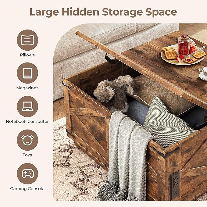 Jocoevol Farmhouse Lift Top Coffee Table, Square Wood Center Table with LED Lighting, USB-C Charging Station, and Hidden Storage Compartment - Rustic Brown Living Room Furniture