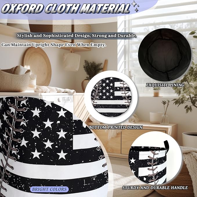 Baseball Textures Laundry Basket Foldable Oxford Cloth American Flag Laundry Hamper With Handle Portable Clothes Storage Organizer Basket 18.9X16.5 Inch Storage Bag For Laundry Room/Bathroom/Bedroom