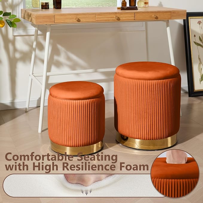 Royal Windsor Round Ottoman with Storage Set of 2, Vanity Stool with Storage for Bedroom, Ottoman Coffee Table Gold-Tone Ring Around the Base, Small Velvet Foot Stool for Living Room, Orange