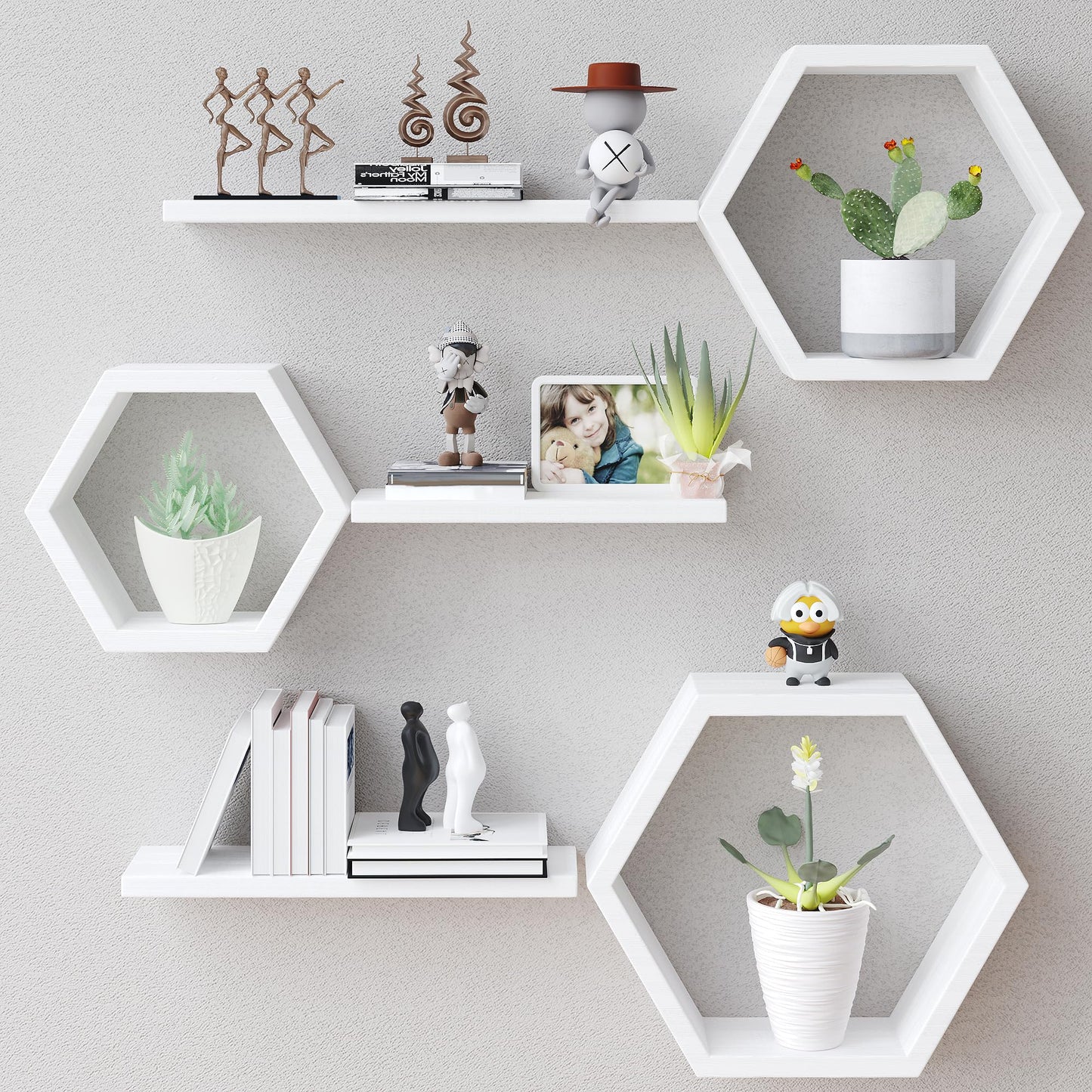 LUDORU Wooden Hexagon Floating Shelves Wall Mounted - Set of 6 Pine Wood Hexagon Shelves Display for Photos,Plants,Rustic Honeycomb Shelves for Living Room, Bedroom,Bathroom, Kitchen, Office, White.