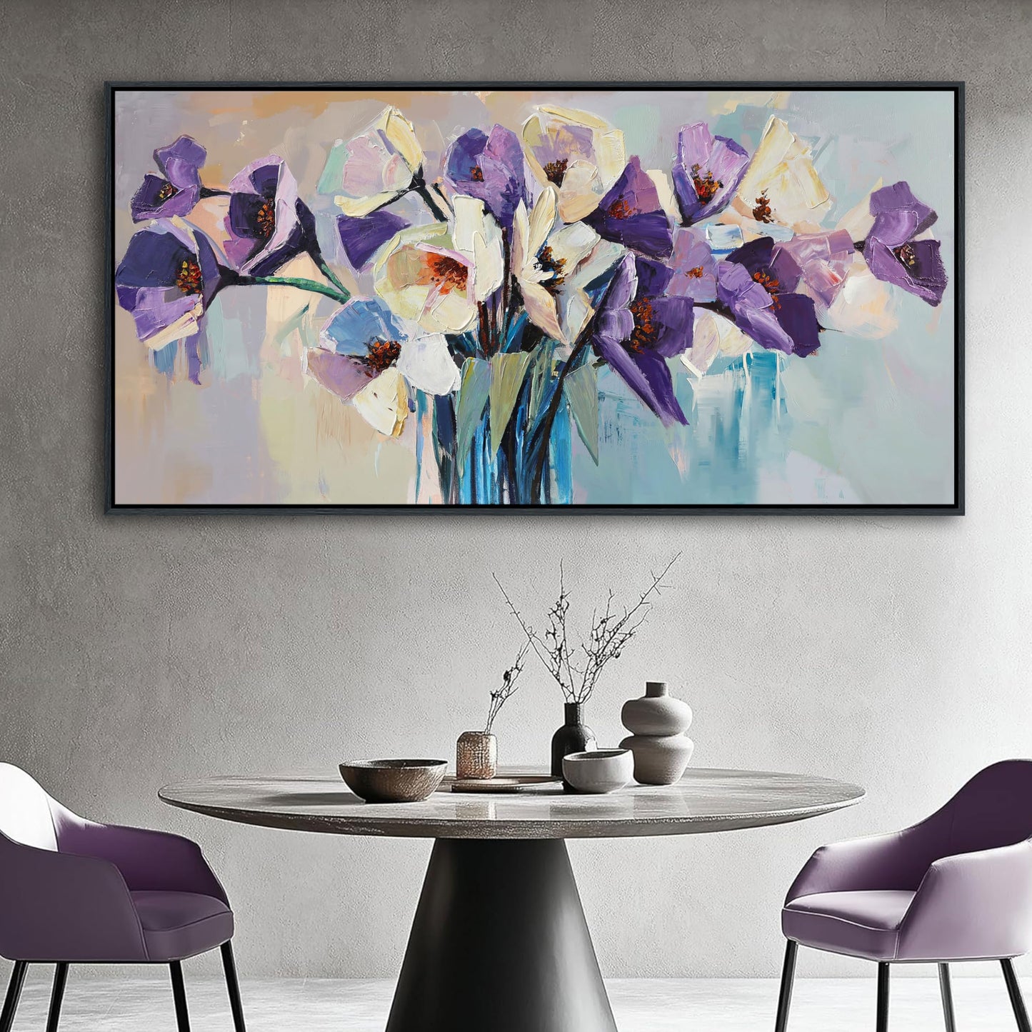 yiijeah Purple Flower Wall Decoration - 58x29 Inches Purple and White Bouquet Florid Picture Artwork Wall Decor for Bedroom Living Room Office Home Decoration