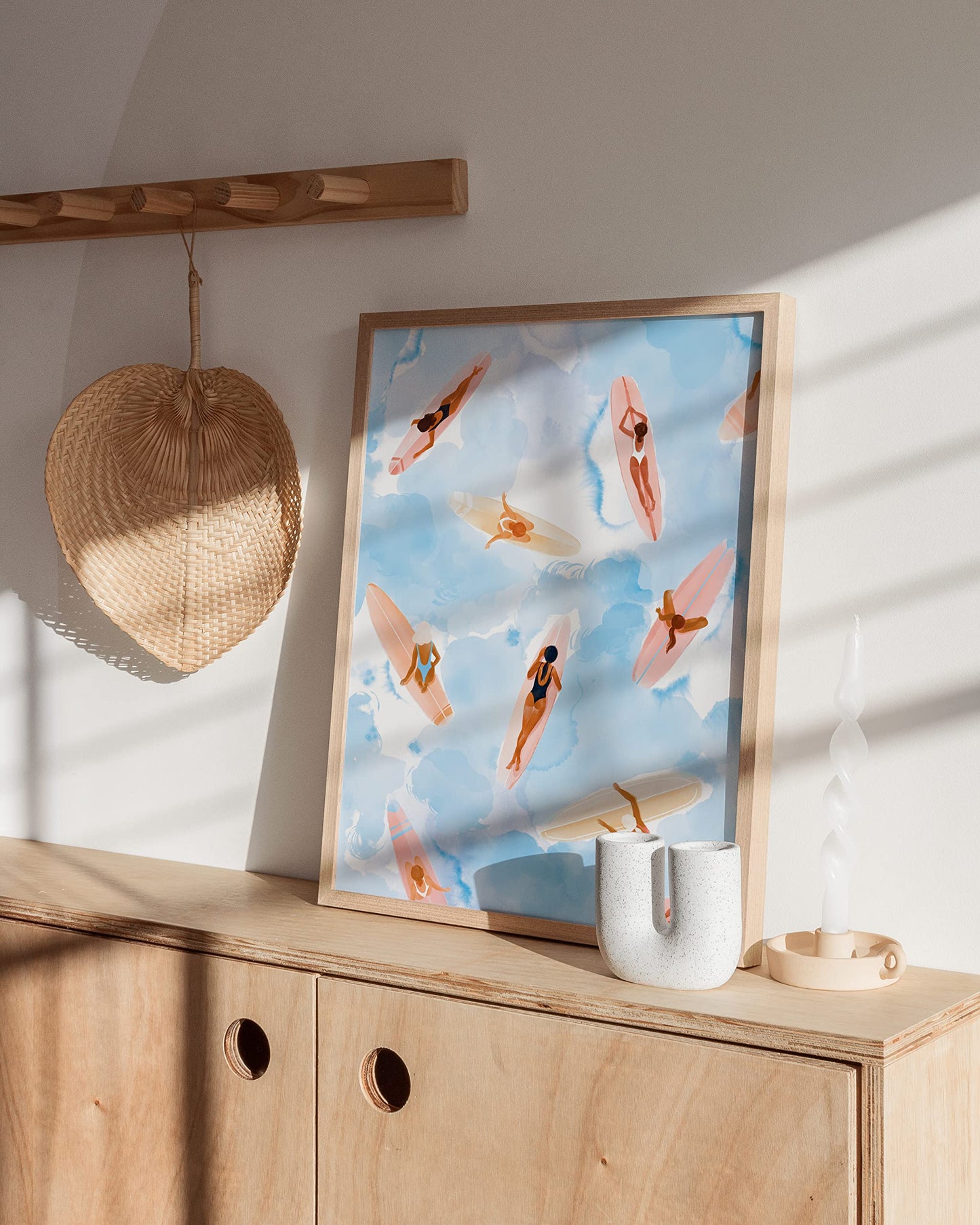 HAUS AND HUES Surfing Beach Wall Art - Watercolor Surfboard Print, Coastal Room Decor (Beige Frame, 12x16)