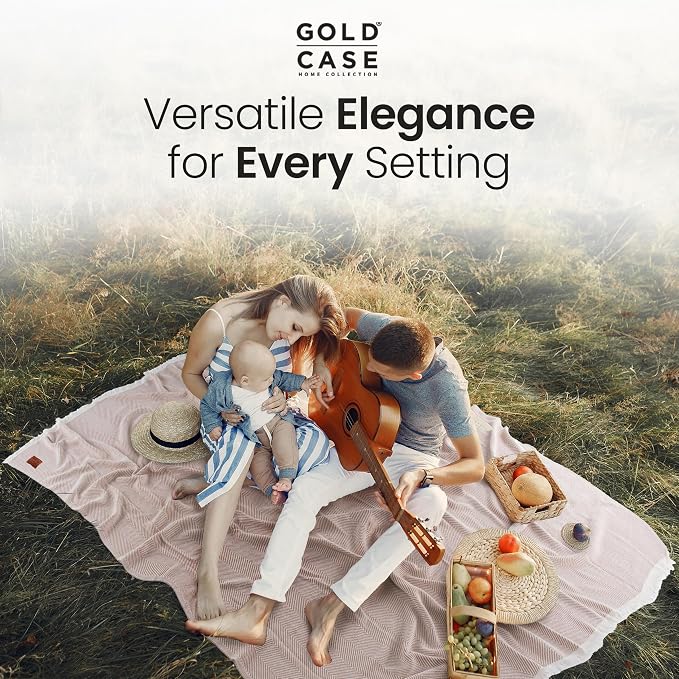 Gold Case Throw Blanket for Bed - 100% Recycled Turkish Cotton Blanket - Elegant Lightweight Soft Throw Blankets for Bed & Living Room - Queen Size Cozy Blankets - 90x90 - Beige
