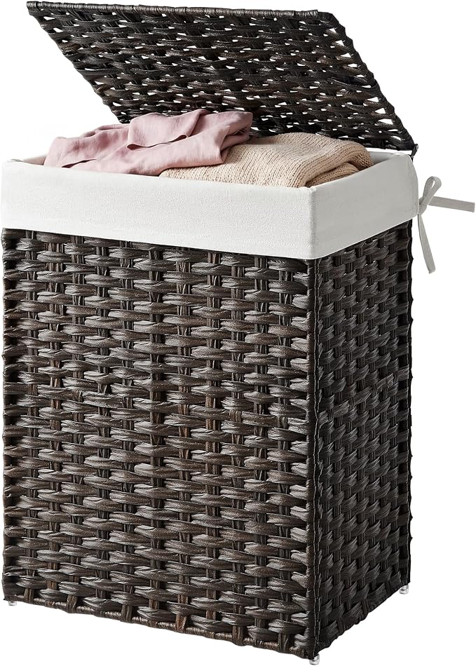 SONGMICS HOME Laundry Hamper with Lid, Clothes Basket with Removable Liner and Handles, 23.8 Gallon, Foldable Narrow Laundry Organizer for Bathroom, Bedroom, Dark Brown