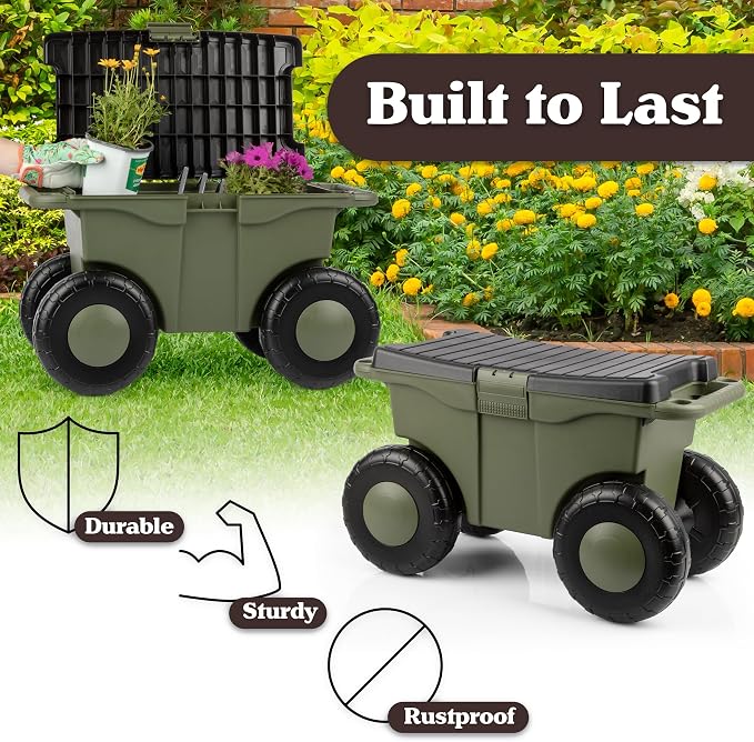 Pure Garden Rolling Garden Cart with Seat - Plastic Storage with Bench and Interior Tool Tray - Gardening Stool for Weeding and Planting (Green)
