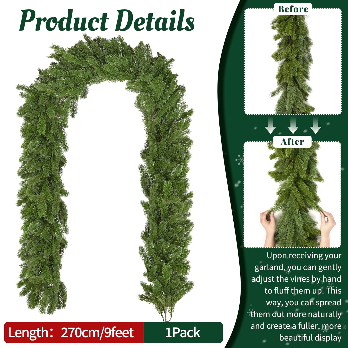 Palonu 1 Pack 9 Ft Artificial Christmas Norfolk Garland, Faux Green Cedar Touch Like Real Pine Needles, Fake Winter Greenery Decoration for Indoor Outdoor Xmas Fireplace Table Mantle Stairs Decor