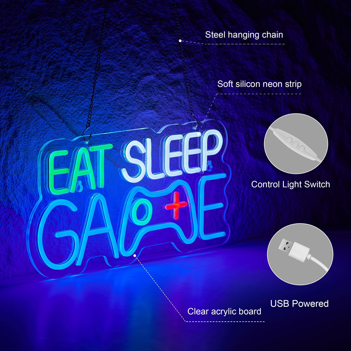 Game Room Decor EAT SLEEP GAME Dimmable LED Neon Sign Beer Bar Man Cave Bedroom Home Art Gaming Neon Light Signs Wall Artwork Sign