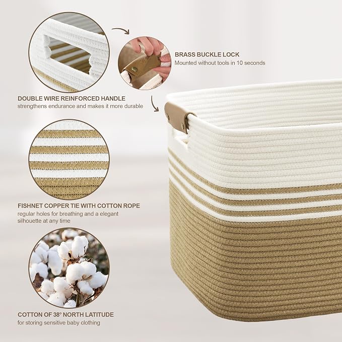 86L Extra Large Laundry Basket with Leather Handles for Living Room Storage, Woven Rope Baskets for Blanket, Kids Toy, Gifts, Wicker Hamper for Bedroom Dirty Clothes, 24"x16"x14" Khaki