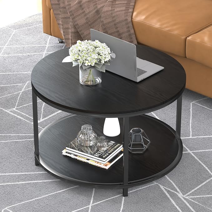 NSdirect Round Coffee Table, 25.6" Small Coffee Table for Living Room,2-Tier Rustic Wood Desktop with Storage Shelf Modern Design Home Furniture(Black)