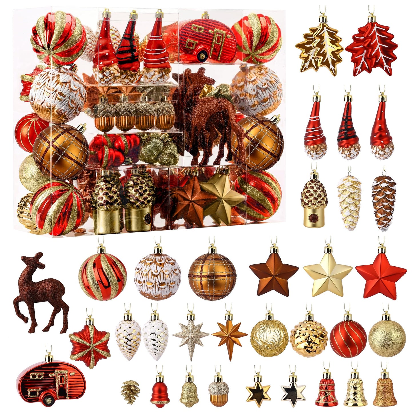 Alupssuc 103pcs Christmas Balls Ornaments Set, Gnome Christmas Tree Decorations with Hanging Strings, Shatterproof Plastic Baubles for Xmas Tree Holiday Wedding Party Decorations, Red, Bronze and Gold