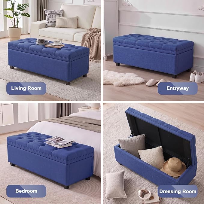 Mangodan 43" Storage Ottoman Bench, Tufted Ottoman with Storage for Living Room, Large End of Bed Ottomans, Modern Entryway Benchs, Window & Bedroom Benches for Foot of Bed (Blue)