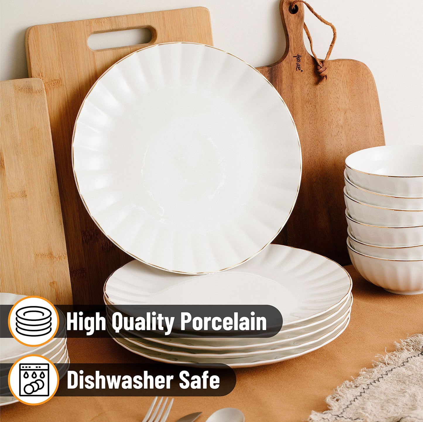 BTaT- Porcelain Dinner Plates with Gold Trim,10.5 inch, Set of 6, White Dinner Plates Bulk, White Plate Set