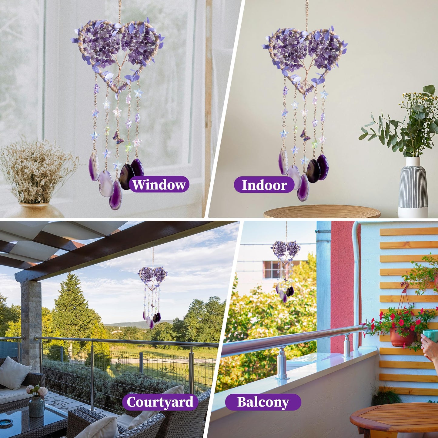 Heart Crystal Suncatcher, Dreamocean Amethyst Sun Catcher for Windows Haning Decor Crystal Tree of Life Dream Catchers Wall Hangings Outdoor Garden Decor for Adults Girls