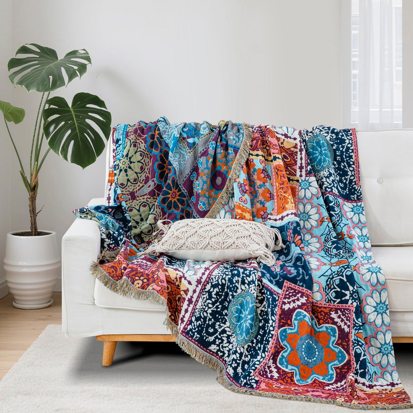 BRYALIX 100% Cotton Muslin Floral Bed Throw Blanket, Lightweight Muslin Quilt, Boho Farmhouse with Fringe, Blue Orange Pink Patchwork, Reversible Jacquard Blanket for Home, Picnic, Travel, 90"x98"