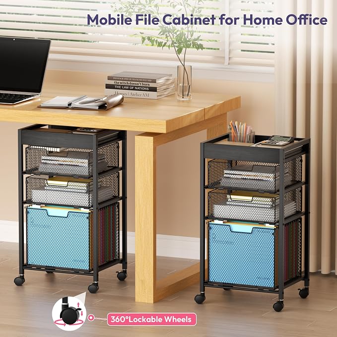 SWTYMIKI Rolling File Cart with Drawers - 4 Tier Under Desk Storage Craft Rolling Organizer Cart - Office Storage &Organization, Mobile Metal Filing Cabinet for Office and Home Black