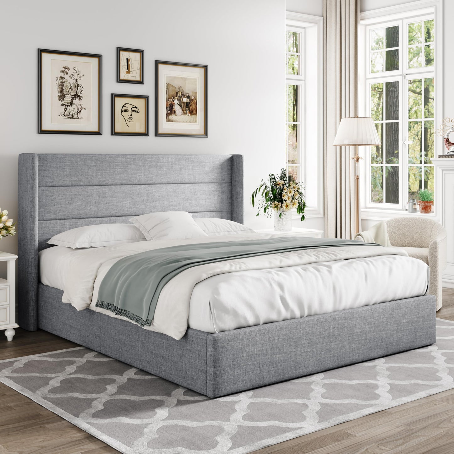 Allewie Queen Size Lift Up Storage Bed, Modern Wingback Headboard, Hydraulic Support, No Box Spring Needed, Light Grey