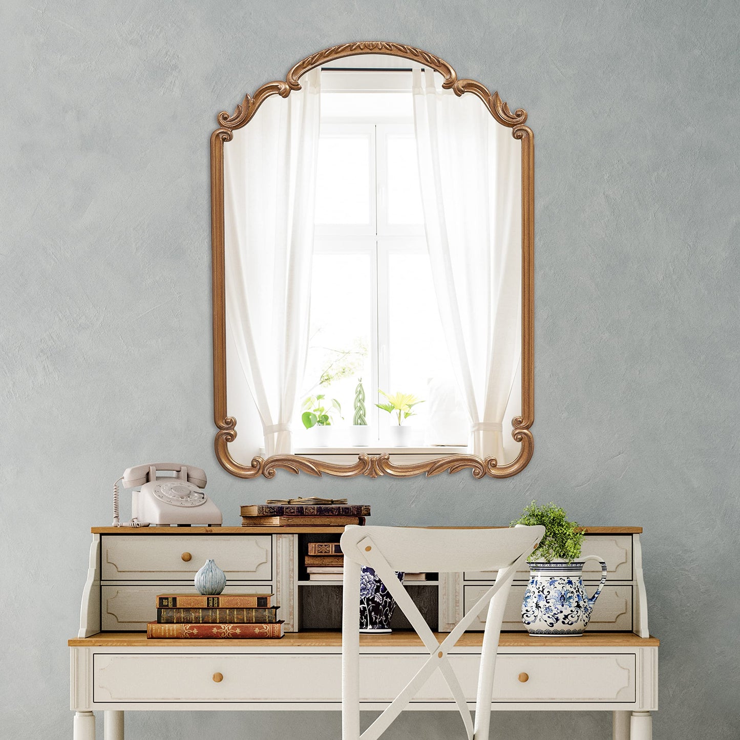 Wylde Iris English Estate Carved Arch Wood Wall Mirror, Mirror for Entryway, Living Room, Bathroom, Antique Gold, 22x30