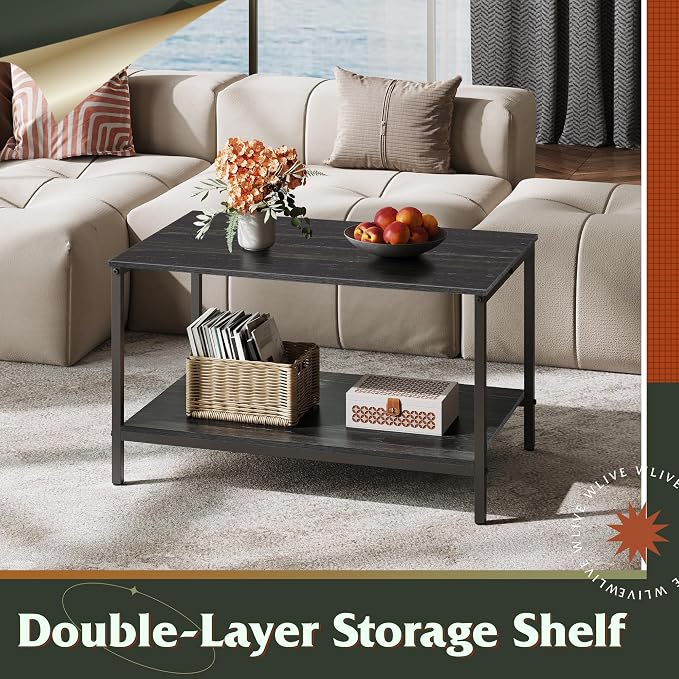 WLIVE Small Coffee Table for Living Room, 31.3" Modern Industrial Coffee Table with Storage Shelf & Metal Frame, 2-Tier Wood Center Table for Small Spaces Apartment, Home, Charcoal Black