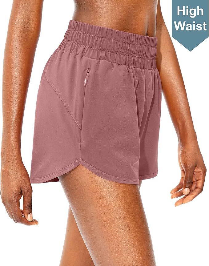 SANTINY Women's Running Shorts with Zip Pockets High Waisted Athletic Workout Gym Shorts for Women with Liner