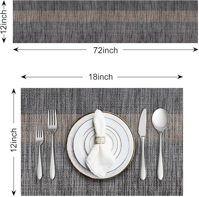 Aofmee Table Runner and Placemats Set of 6 Washable, Heat Resistant Place Mats with Table Runner, Woven Vinyl Table Placemats for Dining Table, Stain Resistant Kitchen Table Mats Sets, Easy to Clean