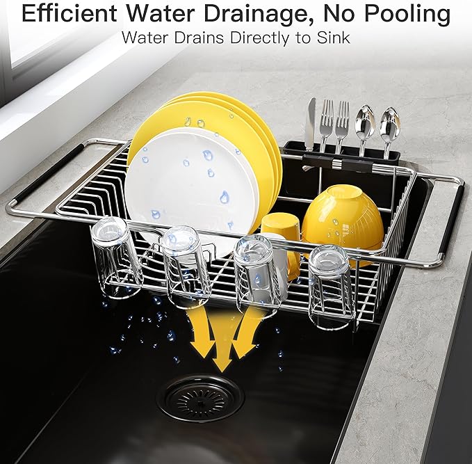 JASIWAY Sink Dish Drying Rack with Drainboard, Expandable Stainless Steel Dish Drainers for Kitchen Counter, Space Saving Dish Dryer Rack, Over The Sink Dish Racks with Utensil Holder, Silver