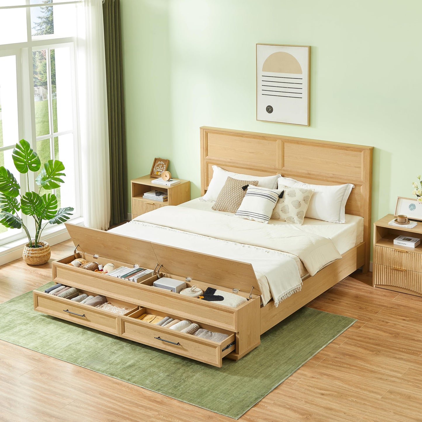 KEIKI King Bed Frame with Headboard & Storage Bench, Boho Solid Wood Platform Panel Bed with 4 Drawers, Natural Oak Bedroom Furniture Bed, Noise Free