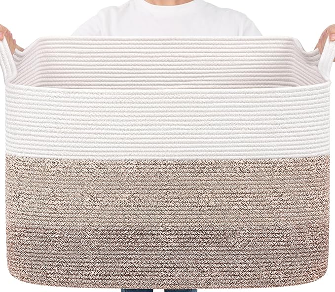 Goodpick 105L Woven Blanket Basket 25" x 16" x 16" Cotton Rope Storage Bins for Dirty Clothes, Extra Large Gift Basket for Living Room Home Decor, Toy Storage Baskets for Kids, Gradient Brown