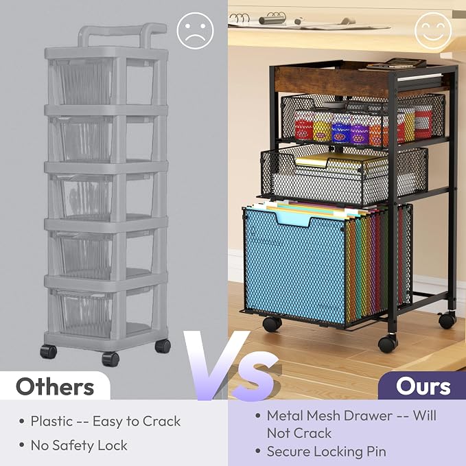 SWTYMIKI Rolling File Cart with Drawers - 4 Tier Under Desk Storage Craft Rolling Organizer Cart - Office Storage &Organization, Mobile Metal Filing Cabinet for Office and Home Espresso
