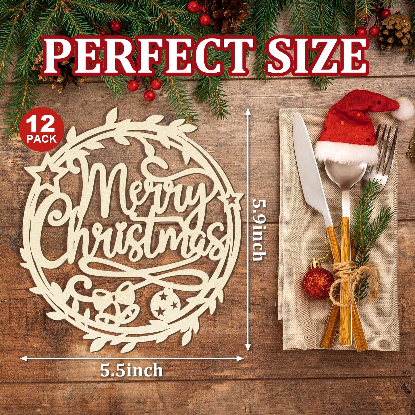 12 Pcs Christmas Wooden Plate Decor Merry Christmas Wood Cutouts Winter New Year Party Place Card Table Settings Signs for Farmhouse Dining Table Holiday Tree Decoration Ornament Flowers