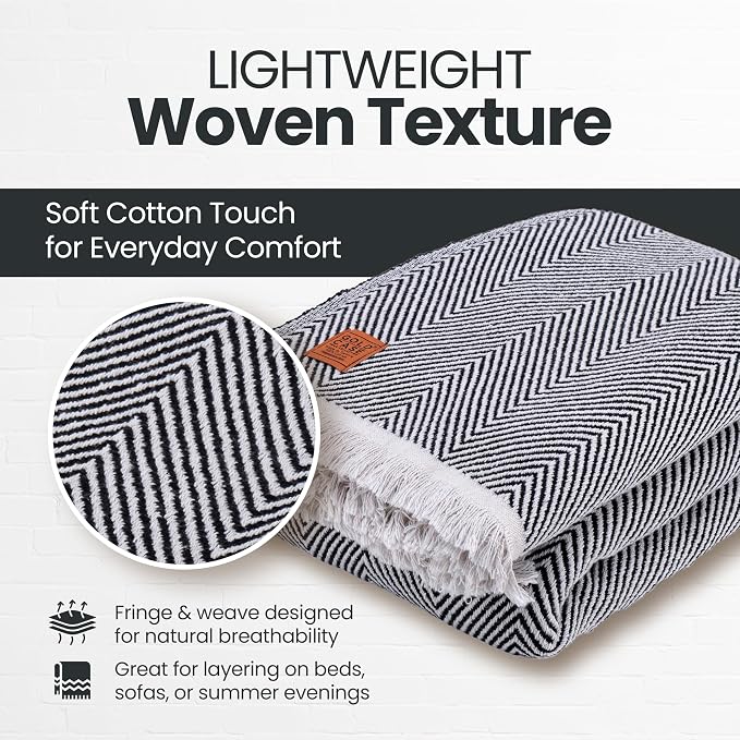 Gold Case Throw Blanket for Bed - 100% Recycled Turkish Cotton Blanket - Elegant Lightweight Soft Throw Blankets for Bed & Living Room - Queen Size Cozy Blankets - 90x90 - Black