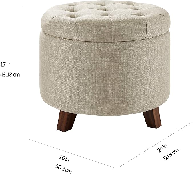 Amazon Basics Round Storage Ottoman Foot Rest, Button Tufted Upholstered Footstool with Storage, Sturdy Linen Fabric for Living Room and Bedroom, 20" x 17", Beige