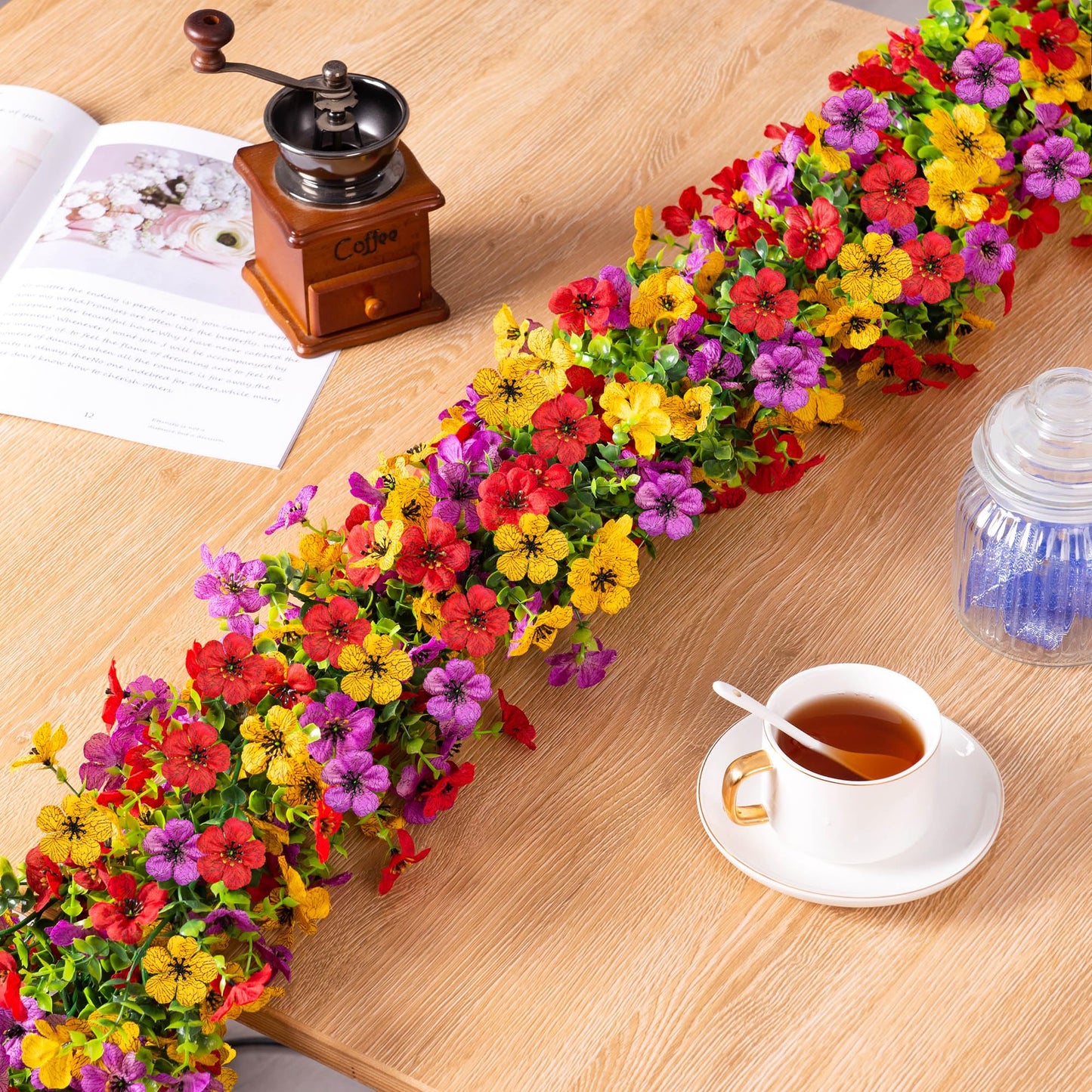 Artificial Flowers Garland Ivy, 4 Pack 5.9 FT Spring Summer Decor UV Resistant Fake Mums Floral Vine Silk Daisy Hanging Flower for Home Garden Wedding Decor Photo Booth Backdrop(Red purple yellow)
