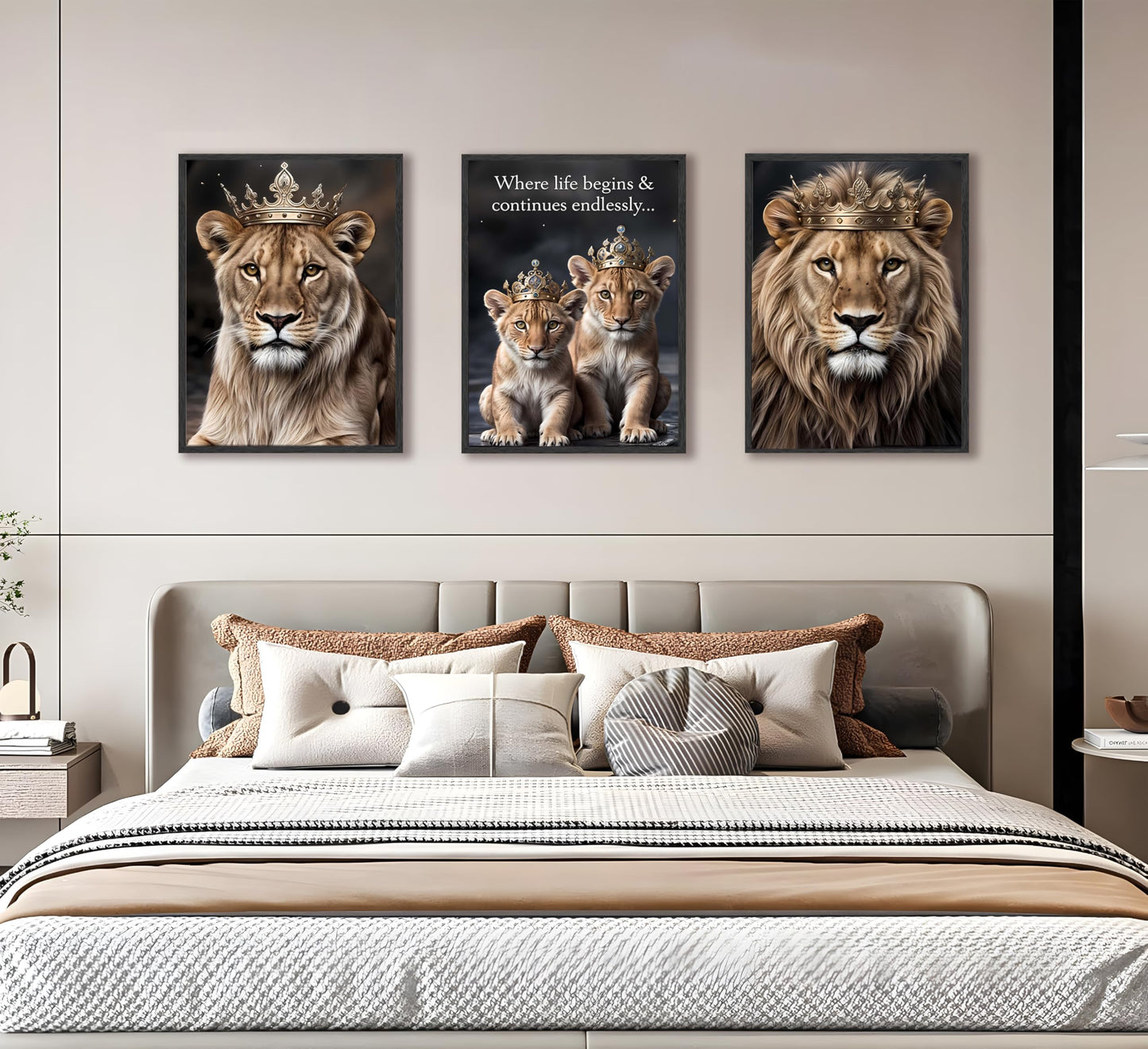 FJKLRP 3pcs Lion Family Canvas Wall Art The Lion King and Queen with Crown Prints Posters Modern Motivational Animal Wall Decor Paintings for Home Bedroom Living Room Office Decoration Unframed
