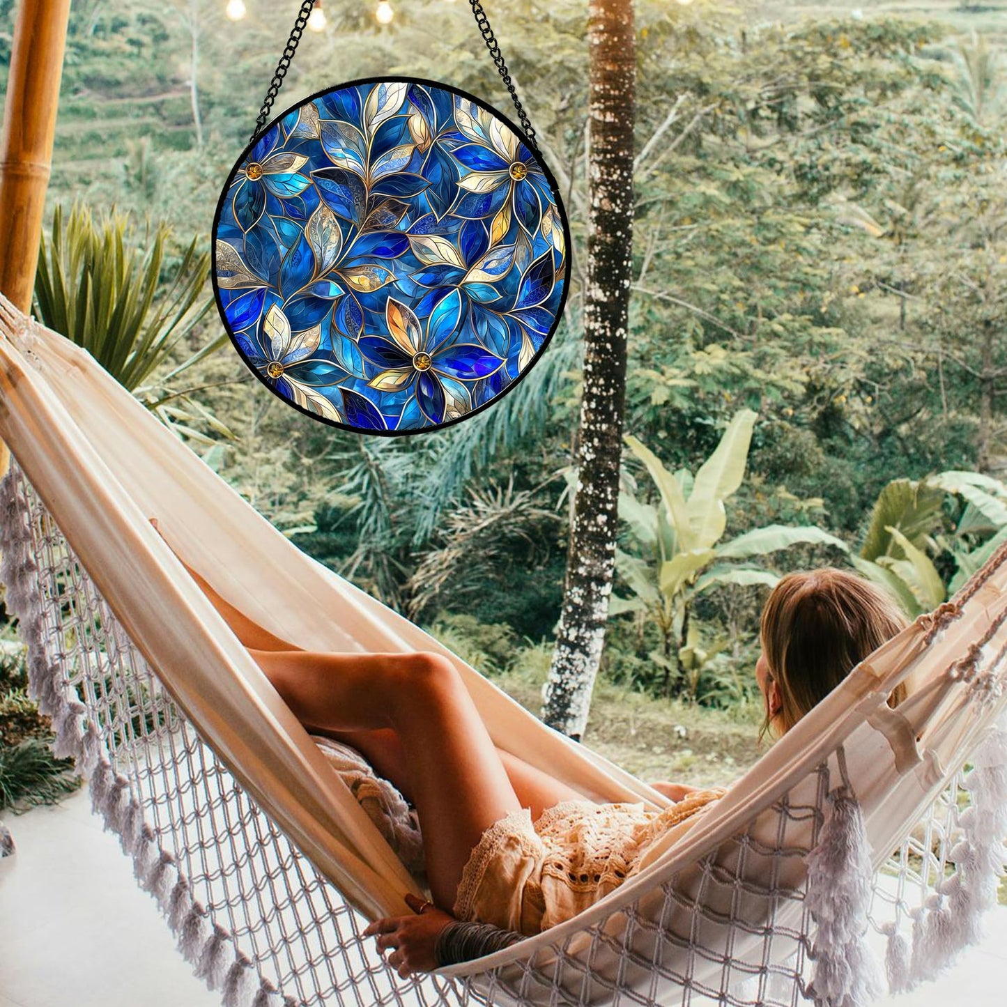 JOSUMALY Stained Glass Window Hanging - Blue Gold Abstract Flowers Suncatcher for Door Terrace Garden Home Decor, Plant Sun Catcher Birthday Gifts for Lovers Women Men Dad Mom Nana 9.8 in