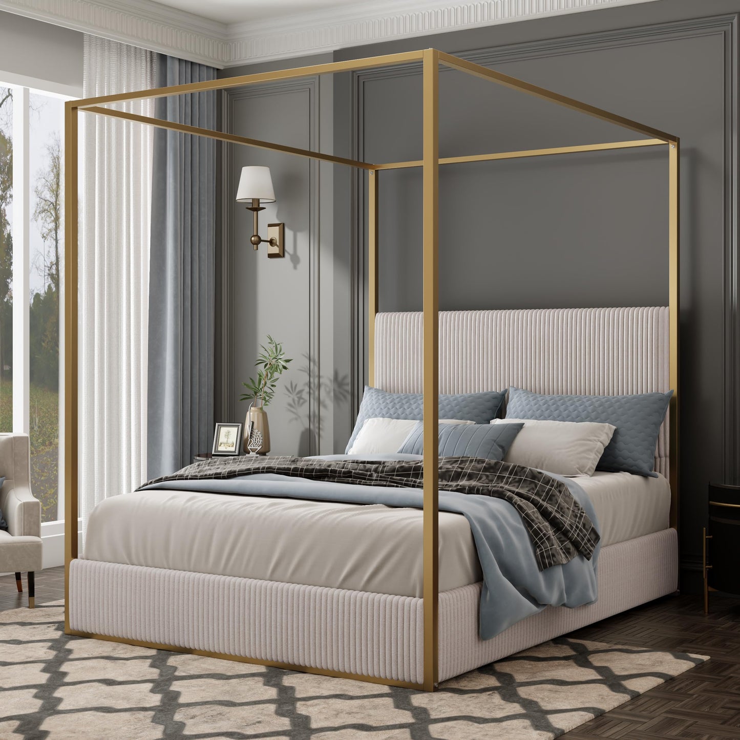 Merax Modern Luxury King Metal Canopy Bed with Tall Upholstered Headboard, Gold Four Poster Bed, No Box Spring Needed, Beige