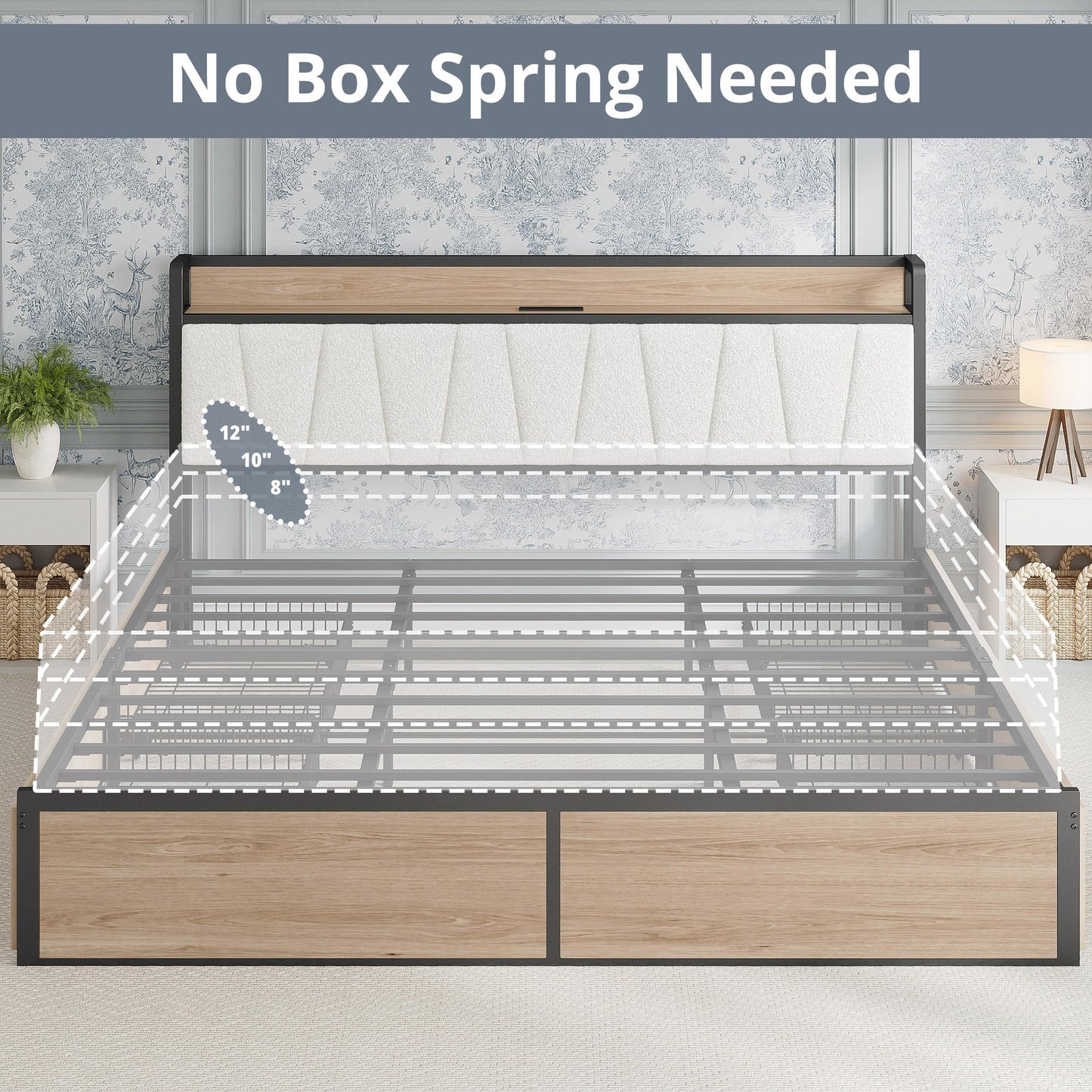 LIKIMIO King Bed Frame with 4 Storage Drawers, Platform Bed with Charged Headboard, Sturdy and Stable, No Noise, No Box Spring Needed, Easy Install, Wood and Cream