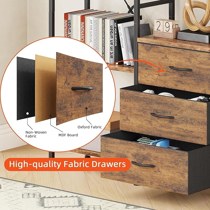 AFLUI Triple Bookshelf with 3 Fabric Drawers, 4-Tier Book Shelf and 10 Display Shelves, Industrial Large Bookcase for Home & Office, Rustic Brown, 47'' Wide